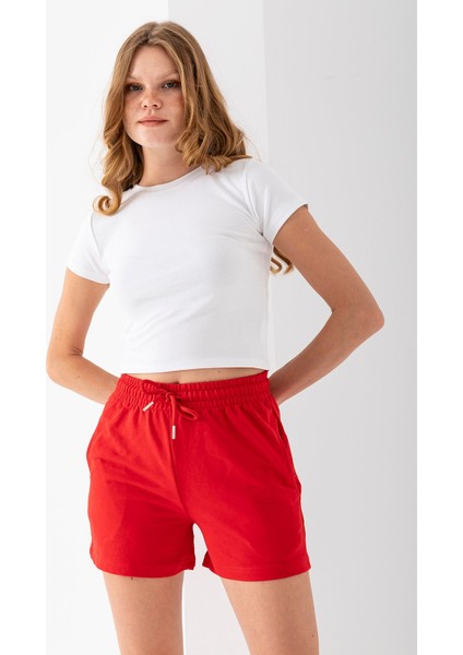 Kadın Beli Ayarlanabilir Çift Cepli Basic Şort Kırmızı - 10038 modelleri