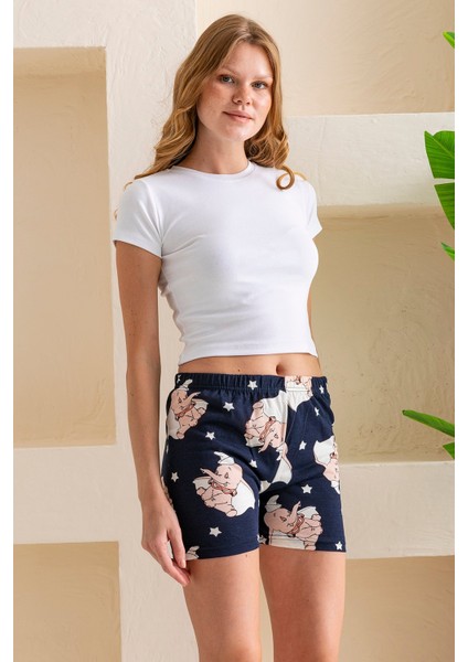 Kadın Beli Lastikli Desenli Şort Pijama Altı Lacivert - 2027