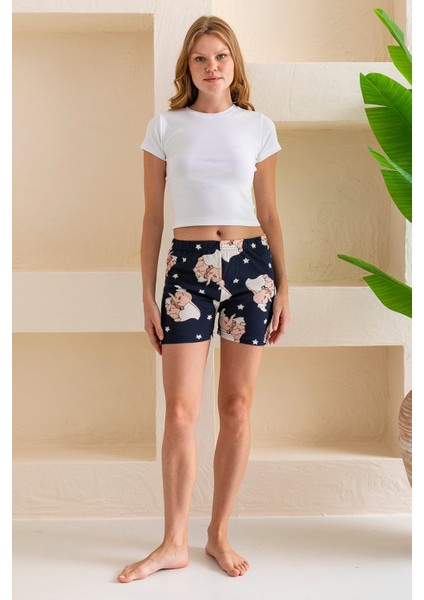 Kadın Beli Lastikli Desenli Şort Pijama Altı Lacivert - 2027