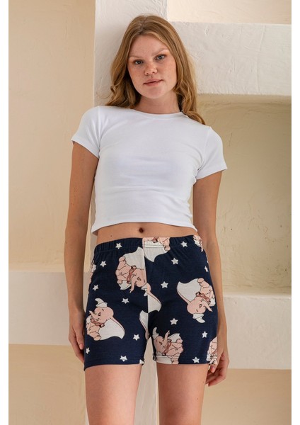 Kadın Beli Lastikli Desenli Şort Pijama Altı Lacivert - 2027
