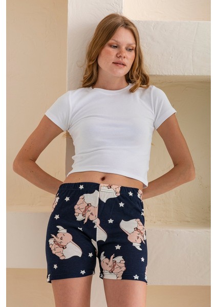 Kadın Beli Lastikli Desenli Şort Pijama Altı Lacivert - 2027