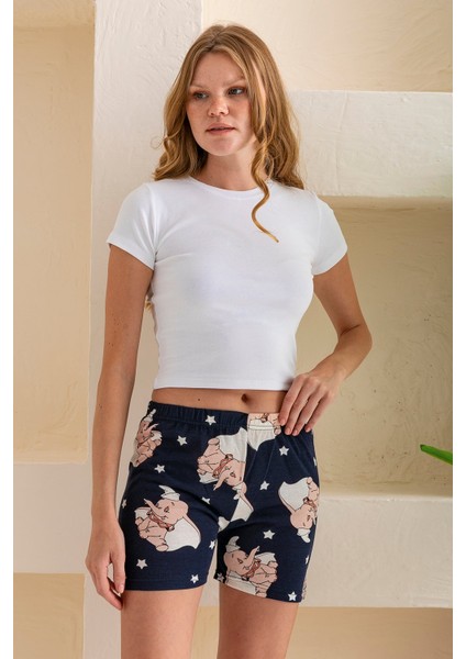 Kadın Beli Lastikli Desenli Şort Pijama Altı Lacivert - 2027