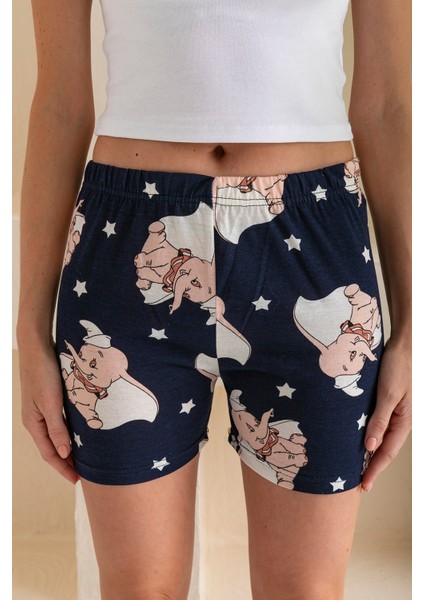 Kadın Beli Lastikli Desenli Şort Pijama Altı Lacivert - 2027