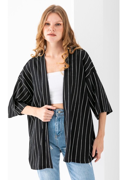 Kadın Yarım Kol Çizgili Bürümcük Kimono Siyah - 254406