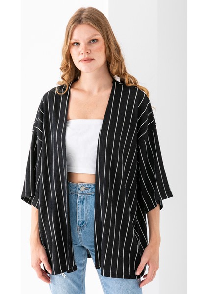 Kadın Yarım Kol Çizgili Bürümcük Kimono Siyah - 254406 fiyatları