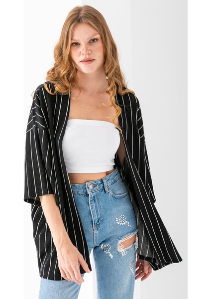 Kadın Yarım Kol Çizgili Bürümcük Kimono Siyah - 254406 modelleri