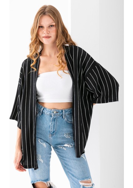 Kadın Yarım Kol Çizgili Bürümcük Kimono Siyah - 254406 indirimleri