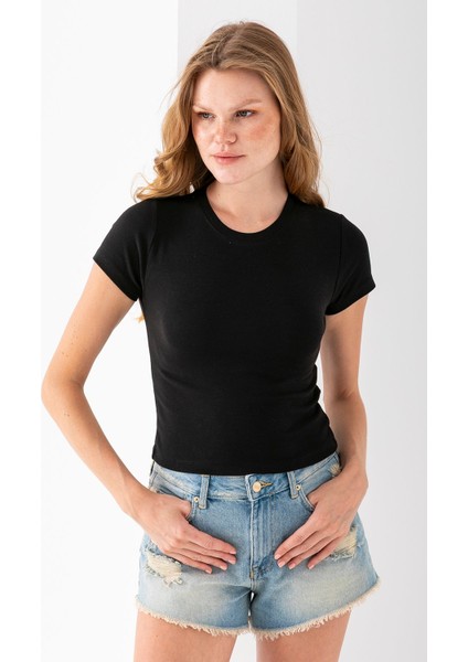 Kadın Bisiklet Yaka Pamuklu Basic Body Siyah - 25873