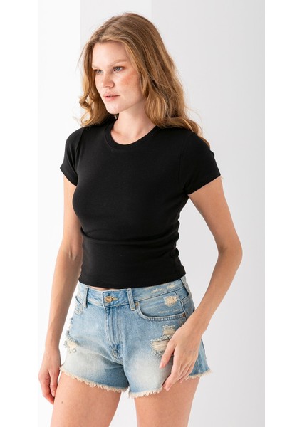 Kadın Bisiklet Yaka Pamuklu Basic Body Siyah - 25873 modelleri