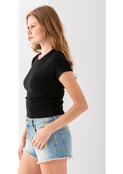 Kadın Bisiklet Yaka Pamuklu Basic Body Siyah - 25873