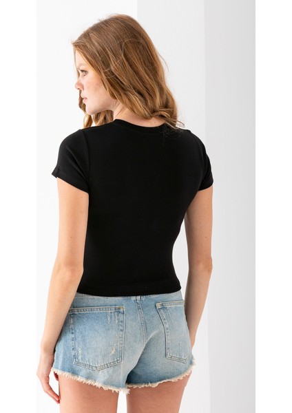 Kadın Bisiklet Yaka Pamuklu Basic Body Siyah - 25873