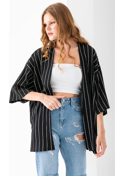 Kadın Yarım Kol Çizgili Bürümcük Kimono Siyah - 254406