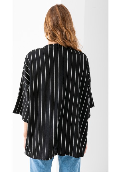Kadın Yarım Kol Çizgili Bürümcük Kimono Siyah - 254406