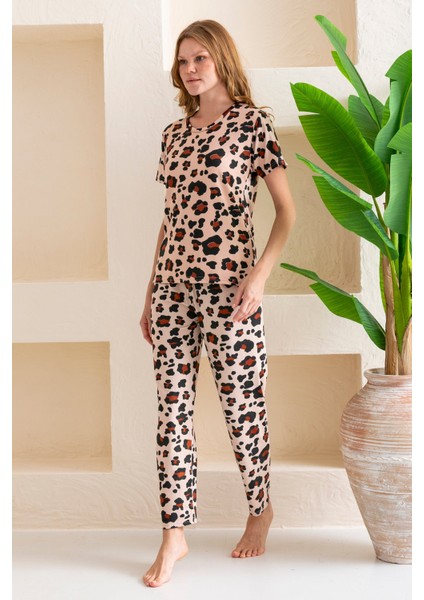 Kadın Bisiklet Yaka Kısa Kollu Desenli Pijama Takım Leopar - 6016