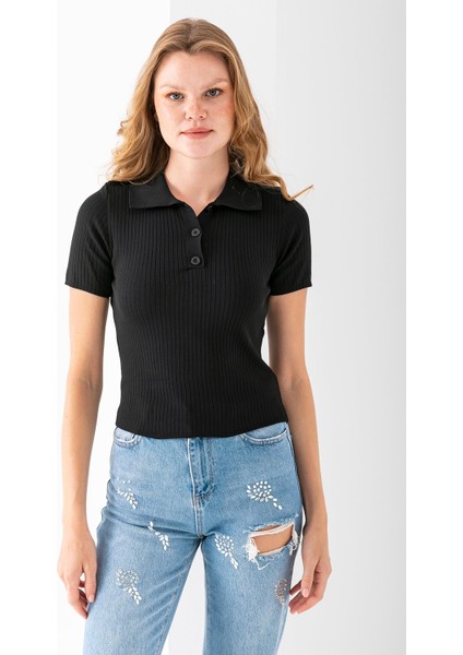 Kadın Polo Yaka Düğme Detaylı Triko Basic T-Shirt Siyah - 4057