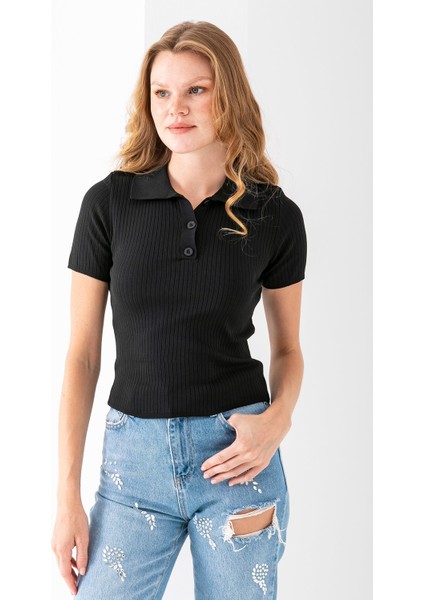Kadın Polo Yaka Düğme Detaylı Triko Basic T-Shirt Siyah - 4057 fiyatları