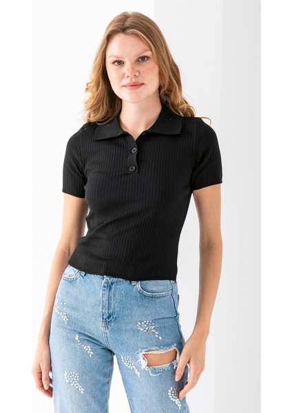 Kadın Polo Yaka Düğme Detaylı Triko Basic T-Shirt Siyah - 4057 modelleri