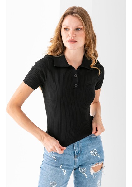 Kadın Polo Yaka Düğme Detaylı Triko Basic T-Shirt Siyah - 4057 fırsatları
