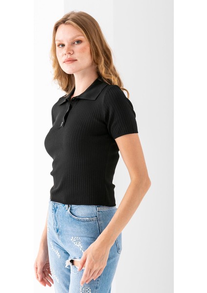 Kadın Polo Yaka Düğme Detaylı Triko Basic T-Shirt Siyah - 4057 indirimleri