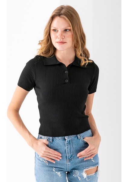 Kadın Polo Yaka Düğme Detaylı Triko Basic T-Shirt Siyah - 4057