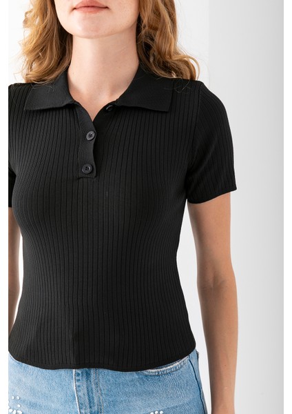 Kadın Polo Yaka Düğme Detaylı Triko Basic T-Shirt Siyah - 4057