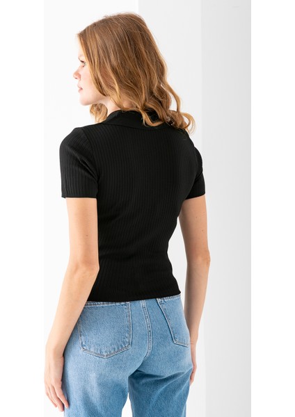 Kadın Polo Yaka Düğme Detaylı Triko Basic T-Shirt Siyah - 4057