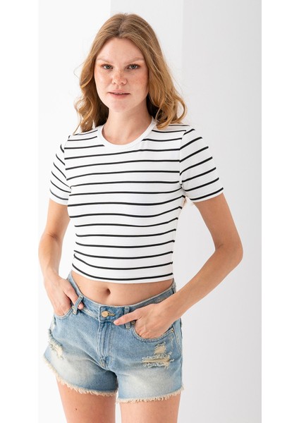 Kadın Bisiklet Yaka Çizgili Pamuklu Crop T-Shirt Beyaz Siyah - 25512