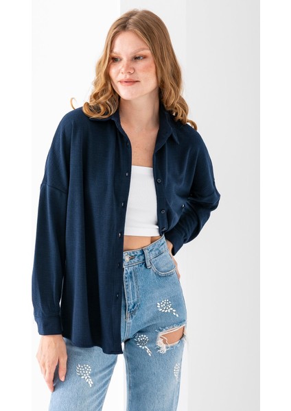 Kadın Uzun Kol Regular Fit Jakarlı Gömlek Lacivert - 25Y 10039 modelleri