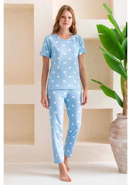 Kadın Bisiklet Yaka Kısa Kollu Kalp Desenli Pijama Takım Bebe Mavi - 6016