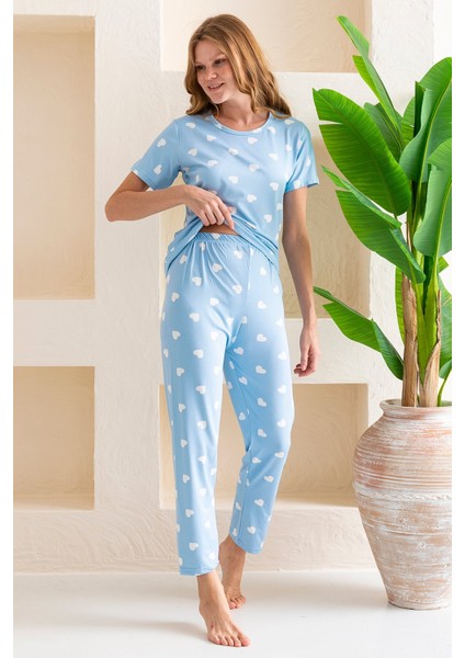 Kadın Bisiklet Yaka Kısa Kollu Kalp Desenli Pijama Takım Bebe Mavi - 6016
