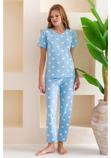 Kadın Bisiklet Yaka Kısa Kollu Kalp Desenli Pijama Takım Bebe Mavi - 6016