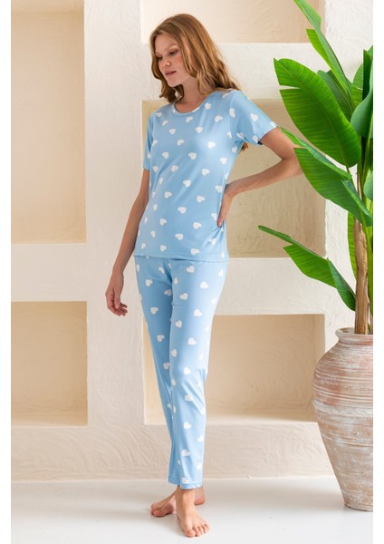 Kadın Bisiklet Yaka Kısa Kollu Kalp Desenli Pijama Takım Bebe Mavi - 6016