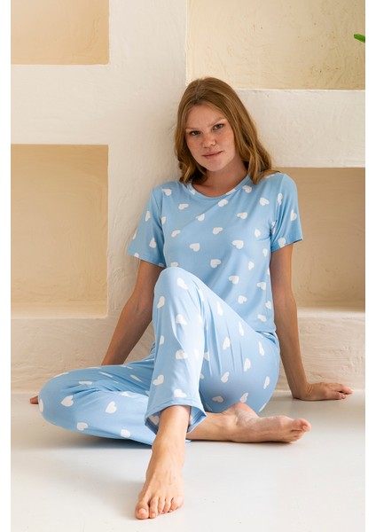 Kadın Bisiklet Yaka Kısa Kollu Kalp Desenli Pijama Takım Bebe Mavi - 6016