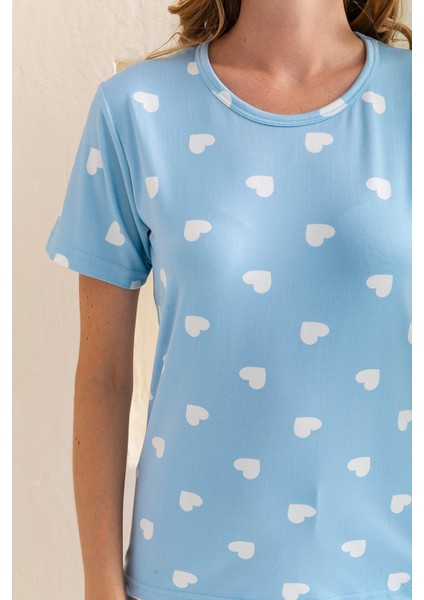 Kadın Bisiklet Yaka Kısa Kollu Kalp Desenli Pijama Takım Bebe Mavi - 6016