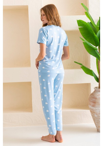 Kadın Bisiklet Yaka Kısa Kollu Kalp Desenli Pijama Takım Bebe Mavi - 6016