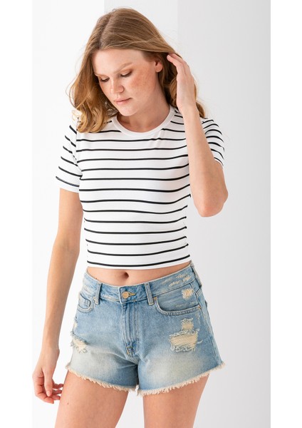 Kadın Bisiklet Yaka Çizgili Pamuklu Crop T-Shirt Beyaz Siyah - 25512