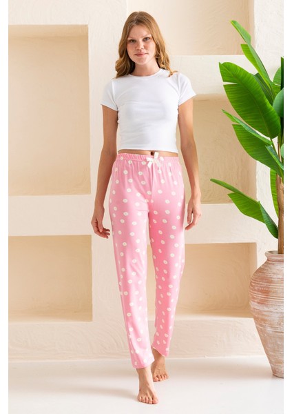 Kadın Beli Lastikli Çiçek Desenli Pijama Altı Pembe - 2059