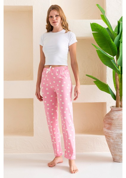 Kadın Beli Lastikli Çiçek Desenli Pijama Altı Pembe - 2059