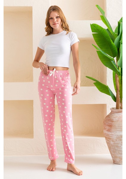 Kadın Beli Lastikli Çiçek Desenli Pijama Altı Pembe - 2059