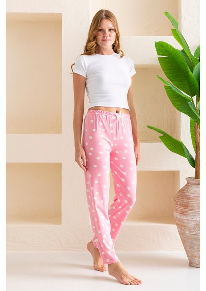 Kadın Beli Lastikli Çiçek Desenli Pijama Altı Pembe - 2059