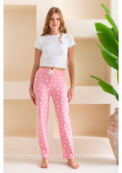 Kadın Beli Lastikli Çiçek Desenli Pijama Altı Pembe - 2059