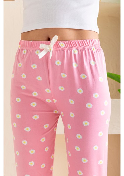 Kadın Beli Lastikli Çiçek Desenli Pijama Altı Pembe - 2059