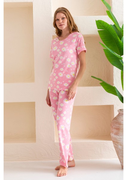 Kadın Bisiklet Yaka Kısa Kollu Çiçek Desenli Pijama Takım Pembe - 6016