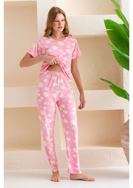 Kadın Bisiklet Yaka Kısa Kollu Çiçek Desenli Pijama Takım Pembe - 6016