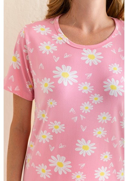 Kadın Bisiklet Yaka Kısa Kollu Çiçek Desenli Pijama Takım Pembe - 6016