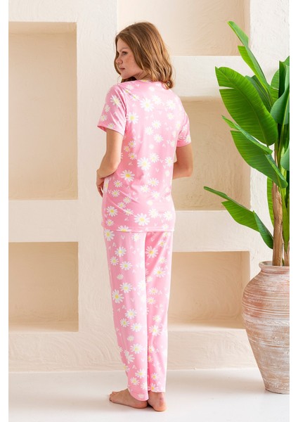 Kadın Bisiklet Yaka Kısa Kollu Çiçek Desenli Pijama Takım Pembe - 6016