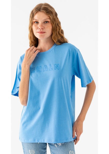 Kadın Bisiklet Yaka Cehaln Baskılı Pamuklu T-Shirt Mavi - 925015 fiyatları