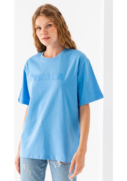 Kadın Bisiklet Yaka Cehaln Baskılı Pamuklu T-Shirt Mavi - 925015 fırsatları