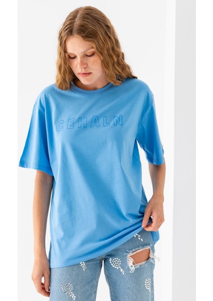 Kadın Bisiklet Yaka Cehaln Baskılı Pamuklu T-Shirt Mavi - 925015 indirimleri