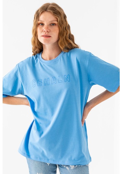 Kadın Bisiklet Yaka Cehaln Baskılı Pamuklu T-Shirt Mavi - 925015